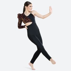 Dance Costume Small Adult Black Revolution RC24622 Jazz Tap Acro Unitard Sequin